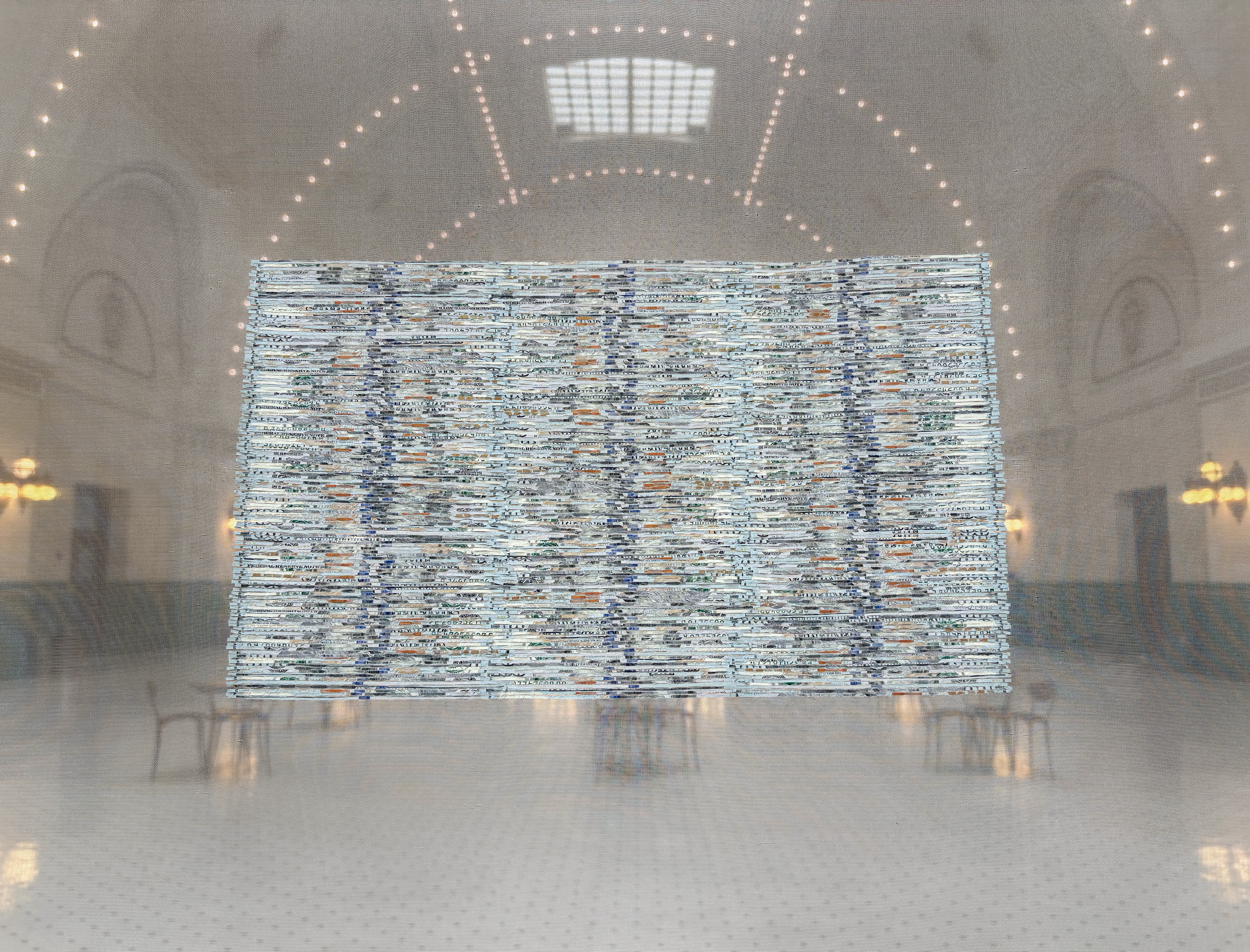 Front detail of reconstructed currency textile.