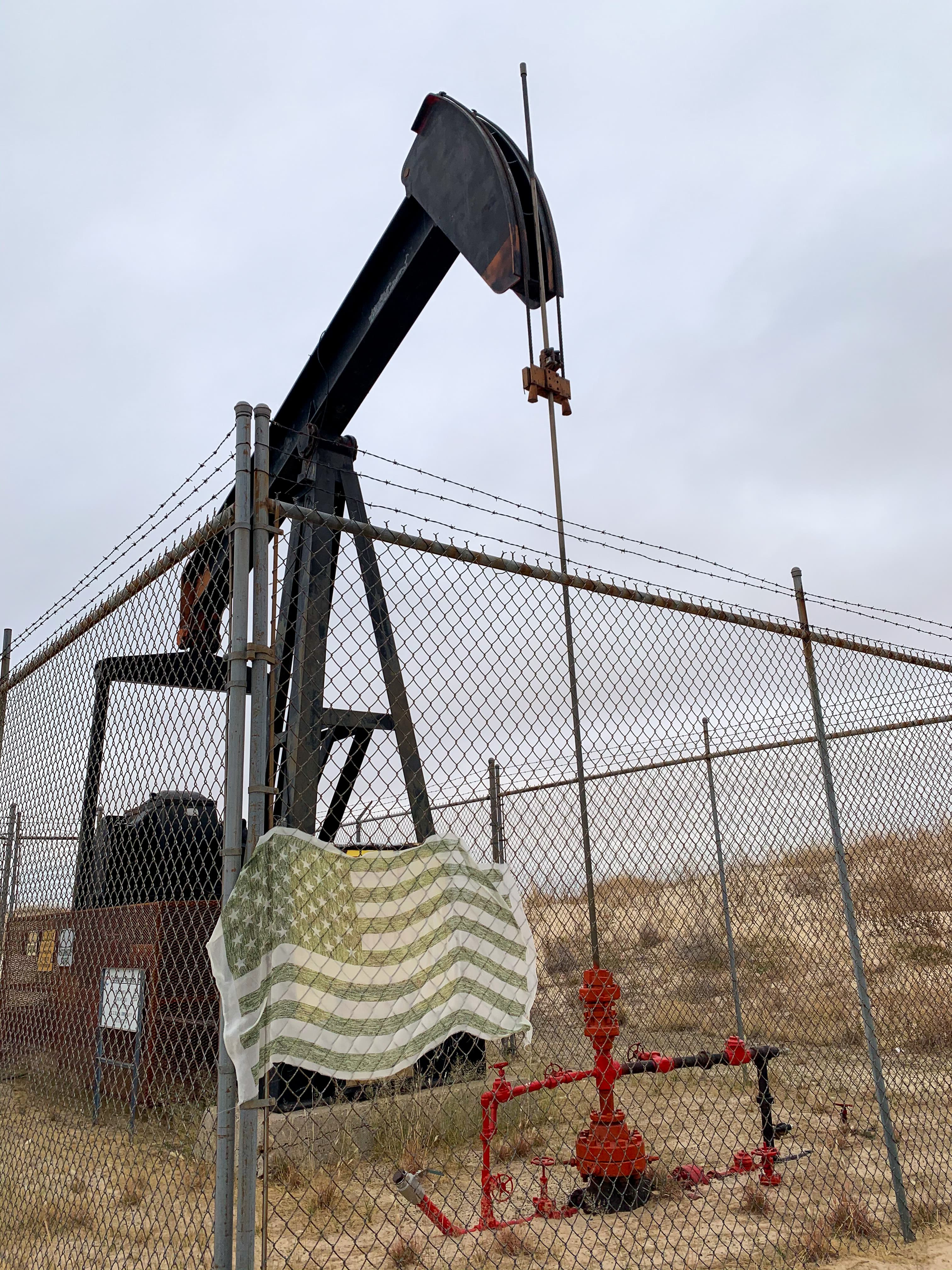 Currency flag installed in a landscape near an oil pump.