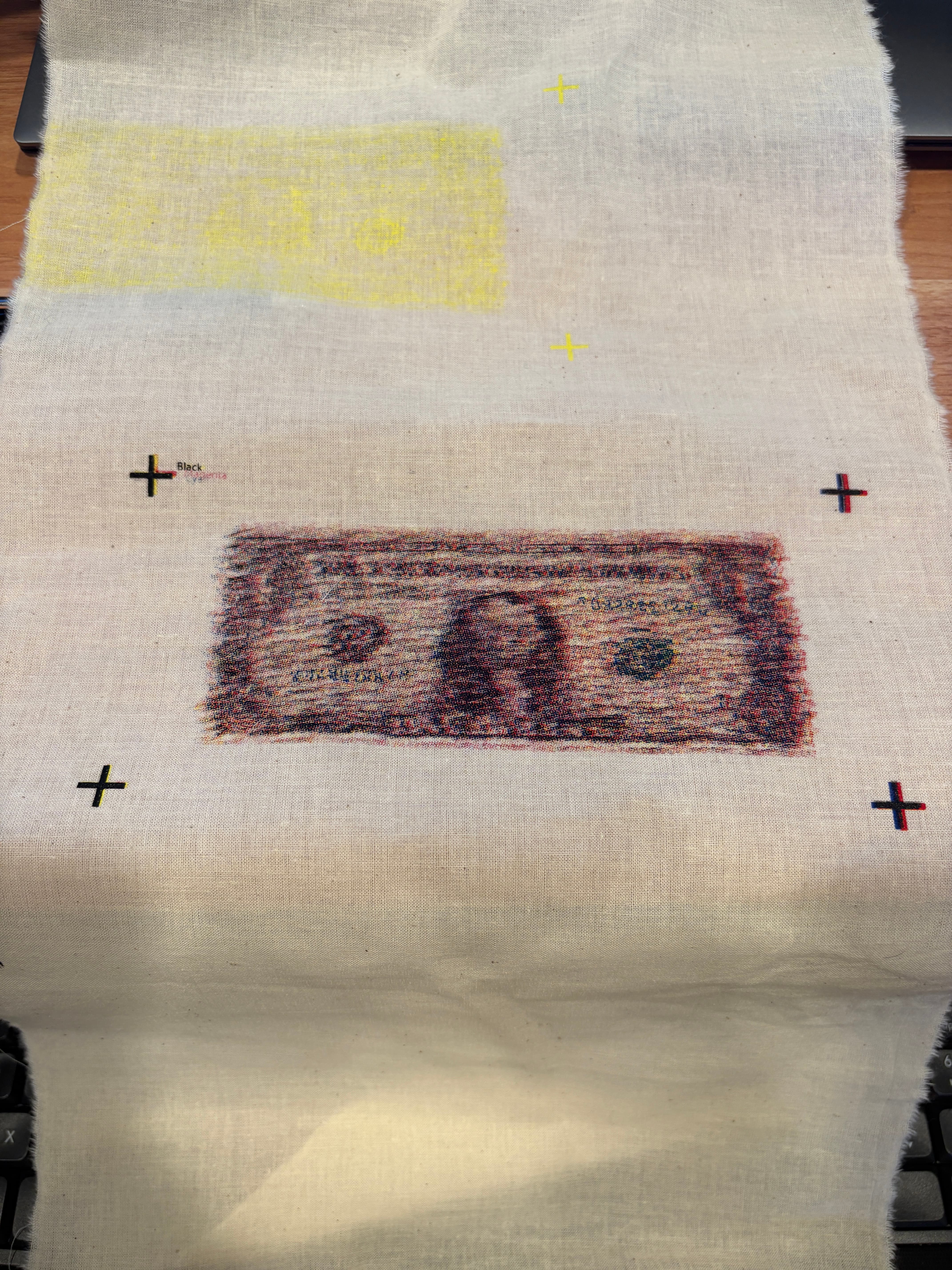 Layered CMYK screen print of currency on fabric.