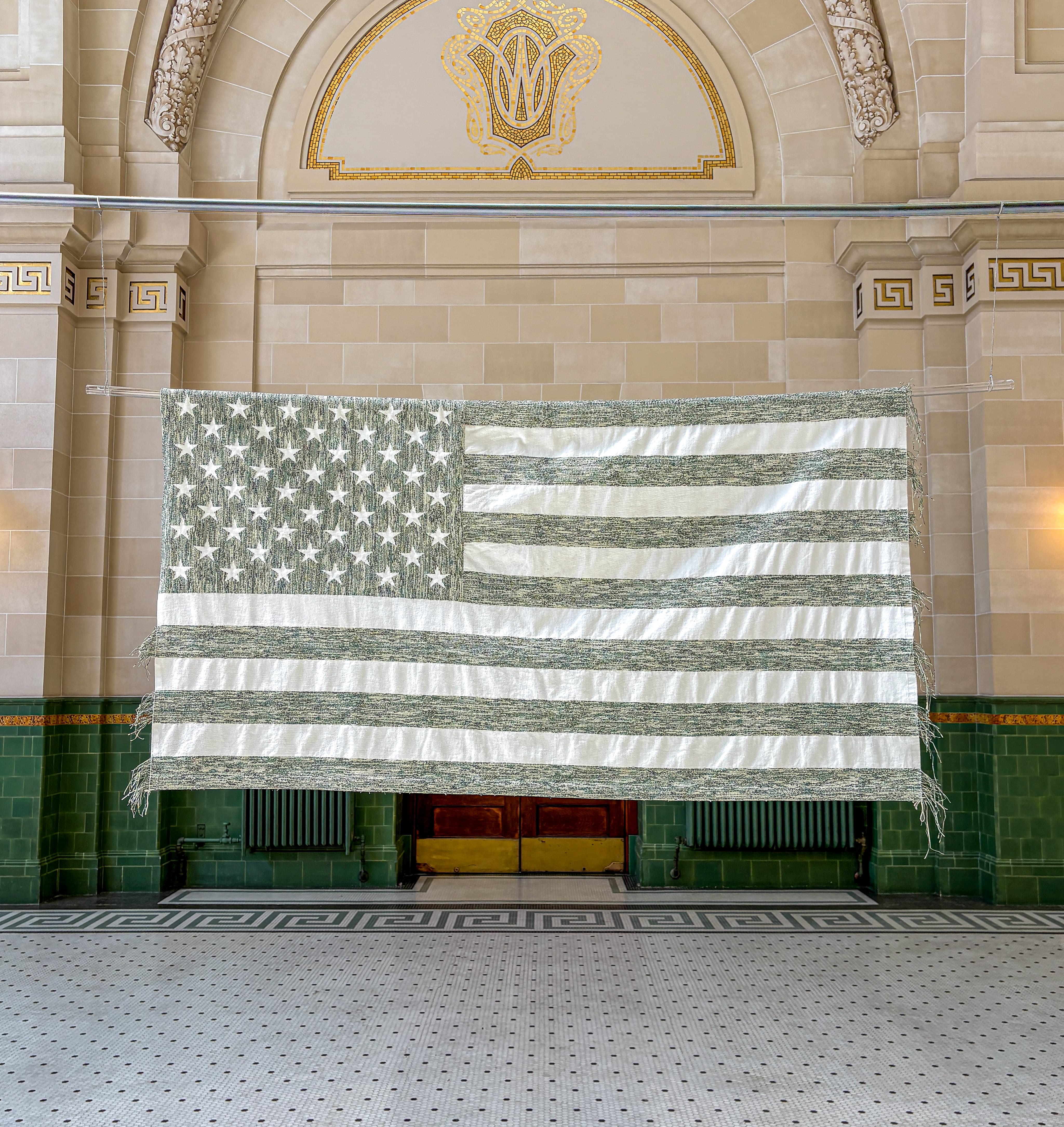 American Flag constructed from decommissioned currency and denim.