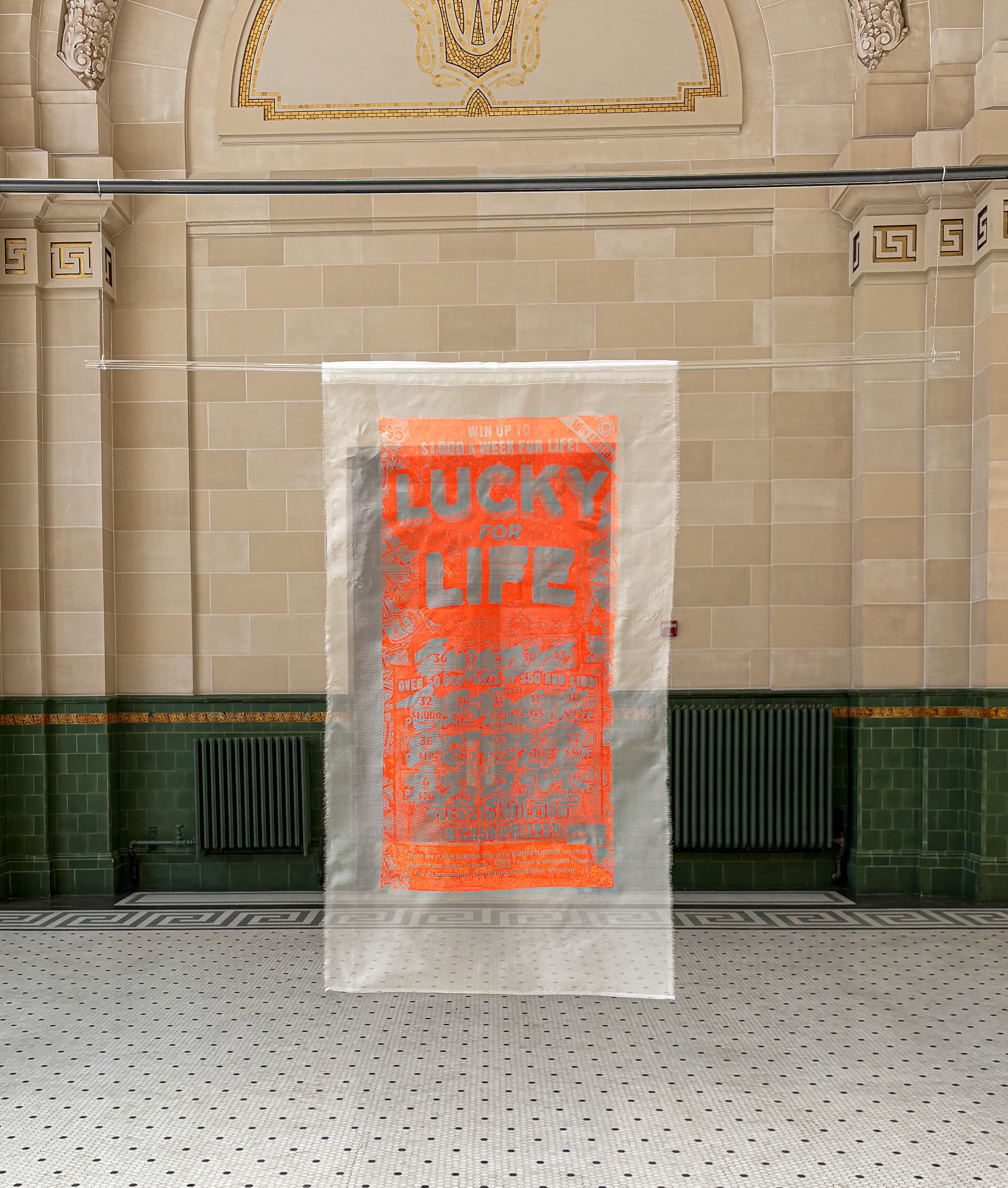 Lucky for Life, a fluorescent screen print on silk mesh.